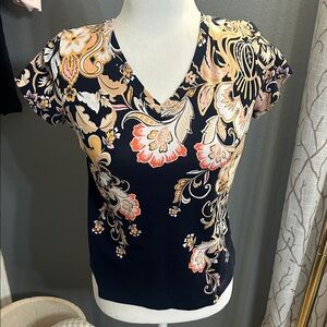 Chico's Navy and Peach Floral Short Sleeve Top